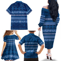 Fiji Marau na Kerisimasi Family Matching Off The Shoulder Long Sleeve Dress and Hawaiian Shirt Blue Tapa Masi Inspired Christmas LT9 - Polynesian Pride