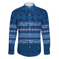 Fiji Marau na Kerisimasi Family Matching Off The Shoulder Long Sleeve Dress and Hawaiian Shirt Blue Tapa Masi Inspired Christmas LT9 Dad's Shirt - Long Sleeve Blue - Polynesian Pride