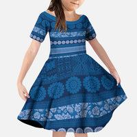 Fiji Marau na Kerisimasi Family Matching Off Shoulder Short Dress and Hawaiian Shirt Blue Tapa Masi Inspired Christmas LT9 Daughter's Dress Blue - Polynesian Pride