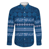 Fiji Marau na Kerisimasi Family Matching Off Shoulder Short Dress and Hawaiian Shirt Blue Tapa Masi Inspired Christmas LT9 Dad's Shirt - Long Sleeve Blue - Polynesian Pride