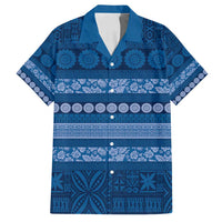 Fiji Marau na Kerisimasi Family Matching Puletasi and Hawaiian Shirt Blue Tapa Masi Inspired Christmas LT9 Dad's Shirt - Short Sleeve Blue - Polynesian Pride