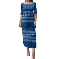 Fiji Marau na Kerisimasi Family Matching Puletasi and Hawaiian Shirt Blue Tapa Masi Inspired Christmas LT9 Mom's Dress Blue - Polynesian Pride
