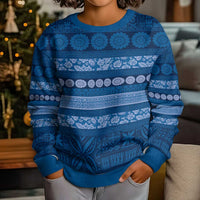 Fiji Marau na Kerisimasi Kid Ugly Christmas Sweater Blue Tapa Masi Inspired Christmas - Polynesian Pride