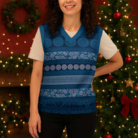 Fiji Marau na Kerisimasi Christmas Knitted V-Neck Vest Blue Tapa Masi Inspired Christmas - Polynesian Pride