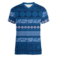 Fiji Marau na Kerisimasi Women V-Neck T-Shirt Blue Tapa Masi Inspired Christmas LT9 Female Blue - Polynesian Pride