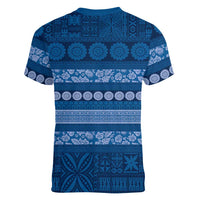 Fiji Marau na Kerisimasi Women V-Neck T-Shirt Blue Tapa Masi Inspired Christmas LT9 - Polynesian Pride