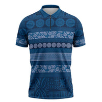 Fiji Marau na Kerisimasi Zipper Polo Shirt Blue Tapa Masi Inspired Christmas - Polynesian Pride