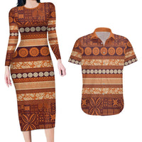 Fiji Marau na Kerisimasi Couples Matching Long Sleeve Bodycon Dress and Hawaiian Shirt Gold Tapa Masi Inspired Christmas LT9 Gold - Polynesian Pride
