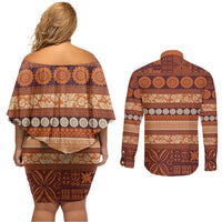 Fiji Marau na Kerisimasi Couples Matching Off Shoulder Short Dress and Long Sleeve Button Shirt Gold Tapa Masi Inspired Christmas - Polynesian Pride