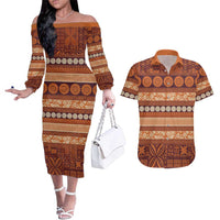 Fiji Marau na Kerisimasi Couples Matching Off The Shoulder Long Sleeve Dress and Hawaiian Shirt Gold Tapa Masi Inspired Christmas LT9 Gold - Polynesian Pride
