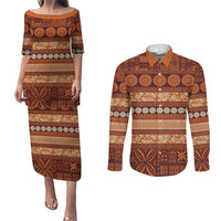 Fiji Marau na Kerisimasi Couples Matching Puletasi and Long Sleeve Button Shirt Gold Tapa Masi Inspired Christmas - Polynesian Pride