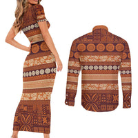 Fiji Marau na Kerisimasi Couples Matching Short Sleeve Bodycon Dress and Long Sleeve Button Shirt Gold Tapa Masi Inspired Christmas - Polynesian Pride