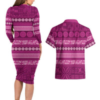 Fiji Marau na Kerisimasi Couples Matching Long Sleeve Bodycon Dress and Hawaiian Shirt Pink Tapa Masi Inspired Christmas LT9 - Polynesian Pride