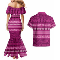 Fiji Marau na Kerisimasi Couples Matching Mermaid Dress and Hawaiian Shirt Pink Tapa Masi Inspired Christmas LT9 - Polynesian Pride