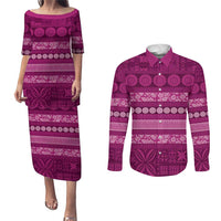 Fiji Marau na Kerisimasi Couples Matching Puletasi and Long Sleeve Button Shirt Pink Tapa Masi Inspired Christmas - Polynesian Pride