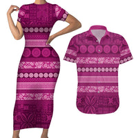 Fiji Marau na Kerisimasi Couples Matching Short Sleeve Bodycon Dress and Hawaiian Shirt Pink Tapa Masi Inspired Christmas LT9 Pink - Polynesian Pride