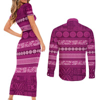 Fiji Marau na Kerisimasi Couples Matching Short Sleeve Bodycon Dress and Long Sleeve Button Shirt Pink Tapa Masi Inspired Christmas LT9 - Polynesian Pride