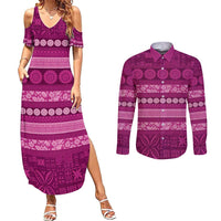 Fiji Marau na Kerisimasi Couples Matching Summer Maxi Dress and Long Sleeve Button Shirt Pink Tapa Masi Inspired Christmas LT9 Pink - Polynesian Pride