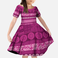 Fiji Marau na Kerisimasi Family Matching Off Shoulder Maxi Dress and Hawaiian Shirt Pink Tapa Masi Inspired Christmas LT9 Daughter's Dress Pink - Polynesian Pride