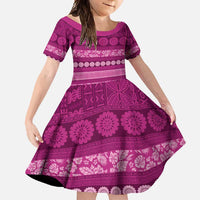 Fiji Marau na Kerisimasi Family Matching Short Sleeve Bodycon Dress and Hawaiian Shirt Pink Tapa Masi Inspired Christmas LT9 Daughter's Dress Pink - Polynesian Pride