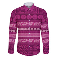 Fiji Marau na Kerisimasi Family Matching Summer Maxi Dress and Hawaiian Shirt Pink Tapa Masi Inspired Christmas LT9 Dad's Shirt - Long Sleeve Pink - Polynesian Pride