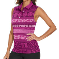 Fiji Marau na Kerisimasi Women Sleeveless Polo Shirt Pink Tapa Masi Inspired Christmas - Polynesian Pride
