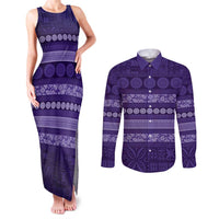 Fiji Marau na Kerisimasi Couples Matching Tank Maxi Dress and Long Sleeve Button Shirt Purple Tapa Masi Inspired Christmas - Polynesian Pride