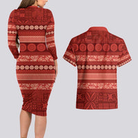 Fiji Marau na Kerisimasi Couples Matching Long Sleeve Bodycon Dress and Hawaiian Shirt Red Tapa Masi Inspired Christmas - Polynesian Pride