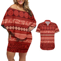 Fiji Marau na Kerisimasi Couples Matching Off Shoulder Short Dress and Hawaiian Shirt Red Tapa Masi Inspired Christmas LT9 Red - Polynesian Pride