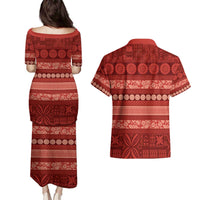 Fiji Marau na Kerisimasi Couples Matching Puletasi and Hawaiian Shirt Red Tapa Masi Inspired Christmas LT9 - Polynesian Pride