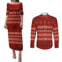 Fiji Marau na Kerisimasi Couples Matching Puletasi and Long Sleeve Button Shirt Red Tapa Masi Inspired Christmas - Polynesian Pride