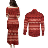 Fiji Marau na Kerisimasi Couples Matching Puletasi and Long Sleeve Button Shirt Red Tapa Masi Inspired Christmas - Polynesian Pride