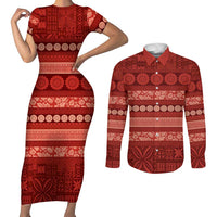 Fiji Marau na Kerisimasi Couples Matching Short Sleeve Bodycon Dress and Long Sleeve Button Shirt Red Tapa Masi Inspired Christmas LT9 Red - Polynesian Pride