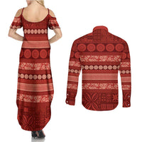Fiji Marau na Kerisimasi Couples Matching Summer Maxi Dress and Long Sleeve Button Shirt Red Tapa Masi Inspired Christmas LT9 - Polynesian Pride