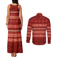 Fiji Marau na Kerisimasi Couples Matching Tank Maxi Dress and Long Sleeve Button Shirt Red Tapa Masi Inspired Christmas - Polynesian Pride