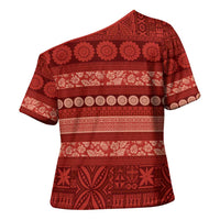 Fiji Marau na Kerisimasi Cross Shoulder Shirt Red Tapa Masi Inspired Christmas - Polynesian Pride