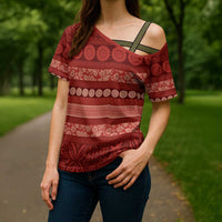 Fiji Marau na Kerisimasi Cross Shoulder Shirt Red Tapa Masi Inspired Christmas - Polynesian Pride
