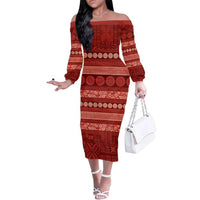 Fiji Marau na Kerisimasi Family Matching Off The Shoulder Long Sleeve Dress and Hawaiian Shirt Red Tapa Masi Inspired Christmas LT9 Mom's Dress Red - Polynesian Pride