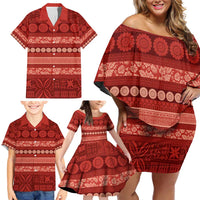 Fiji Marau na Kerisimasi Family Matching Off Shoulder Short Dress and Hawaiian Shirt Red Tapa Masi Inspired Christmas - Polynesian Pride