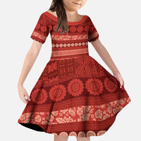 Fiji Marau na Kerisimasi Family Matching Puletasi and Hawaiian Shirt Red Tapa Masi Inspired Christmas LT9 Daughter's Dress Red - Polynesian Pride