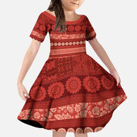 Fiji Marau na Kerisimasi Family Matching Short Sleeve Bodycon Dress and Hawaiian Shirt Red Tapa Masi Inspired Christmas LT9 Daughter's Dress Red - Polynesian Pride