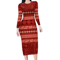 Fiji Marau na Kerisimasi Long Sleeve Bodycon Dress Red Tapa Masi Inspired Christmas - Polynesian Pride