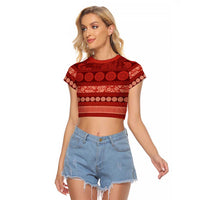 Fiji Marau na Kerisimasi Raglan Cropped T Shirt Red Tapa Masi Inspired Christmas - Polynesian Pride