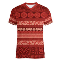 Fiji Marau na Kerisimasi Women V-Neck T-Shirt Red Tapa Masi Inspired Christmas - Polynesian Pride