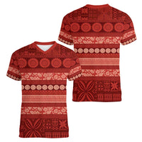 Fiji Marau na Kerisimasi Women V-Neck T-Shirt Red Tapa Masi Inspired Christmas LT9 - Polynesian Pride