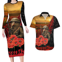 Maori Kiwi Soldier Fern Tattoo ANZAC Day Couples Matching Long Sleeve Bodycon Dress and Hawaiian Shirt Lest We Forget