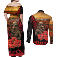 Maori Kiwi Soldier Fern Tattoo ANZAC Day Couples Matching Off Shoulder Maxi Dress and Long Sleeve Button Shirt Lest We Forget LT9 - Polynesian Pride