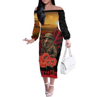Maori Kiwi Soldier Fern Tattoo ANZAC Day Family Matching Off The Shoulder Long Sleeve Dress and Hawaiian Shirt Lest We Forget LT9 Mom's Dress Black - Polynesian Pride