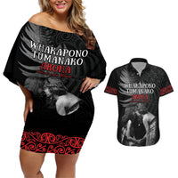 New Zealand Mother's Day Couples Matching Off Shoulder Short Dress and Hawaiian Shirt Maori Hongi Aroha Ahau Ki A Koe Mama LT9 Black - Polynesian Pride