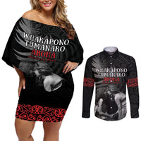 New Zealand Mother's Day Couples Matching Off Shoulder Short Dress and Long Sleeve Button Shirt Maori Hongi Aroha Ahau Ki A Koe Mama LT9 Black - Polynesian Pride